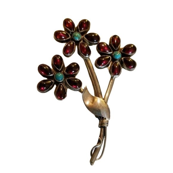 Artisan Brooch Sterling Silver Garnet Turquoise Flower Pin JS14 - Picture 6 of 10